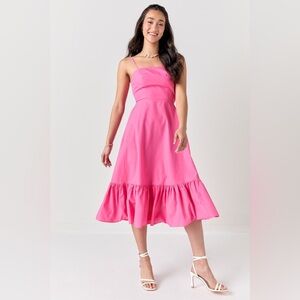 Mi ami Andrea Pink Sleeveless Bow Back Ruffle Midi Dress w/ Pockets Fit & Flare
